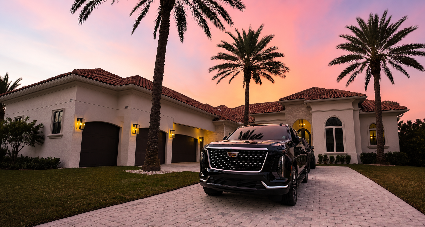 Black Cadillac Escalade at a luxury Orlando resort at sunset — Black Chariot Limousine nationwide service