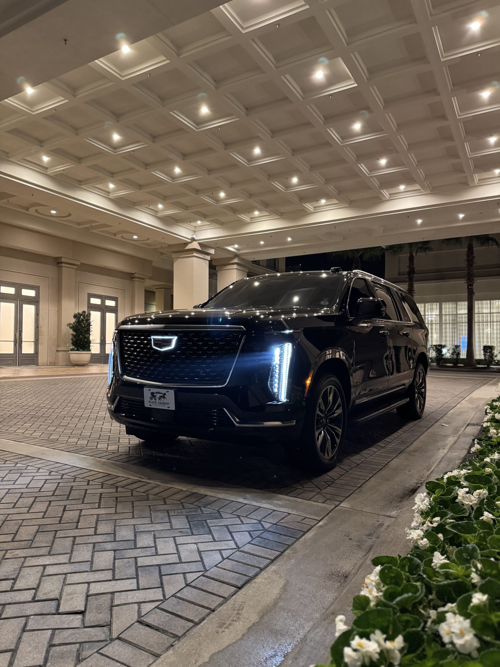 Black Cadillac Escalade at an Orlando resort with palms for a special occasion